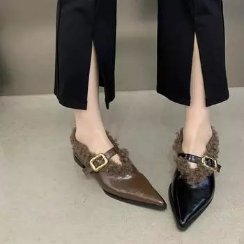 Меховые остроносые женские сексуальные ботинки челси, элегантные ботильоны на плоской подошве, теплая зимняя обувь 2024 года, новый дизайнерский стиль, модная женская обувь 35 чёрный