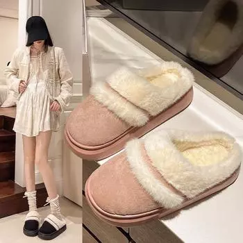 Меховые тапочки для женщин зимние пушистые модные теплые толстые подошвы плюшевые уютные тапочки для дома домашняя обувь на платформе 36 чёрный