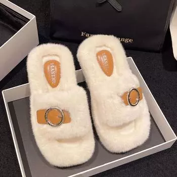 Меховые тапочки, кожаная пряжка, модные утолщенные, повышенная домашняя одежда, теплые тапочки 35 чёрный
