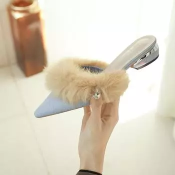 Меховые тапочки Мюли Острый нос Элегантные туфли на высоком каблуке Женские осенние новые меховые шлепанцы Шлепанцы для офиса Ytmtloy Indoor 33 бежевый