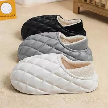Меховые тапочки мужские зимние теплые хлопковые туфли без застежек женские плюшевые EVA нескользящие домашние уютные флисовые тапочки водонепроницаемые уличные меховые туфли 36-37