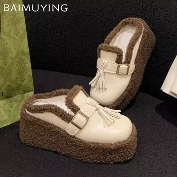 Меховые тапочки на платформе на высоком каблуке Теплые мюли Хлопковая обувь Женская 2024 Тенденция Зима Короткие Плюшевые туфли с открытой пяткой Уютные зимние ботинки Botas De Mujer 35 бежевый