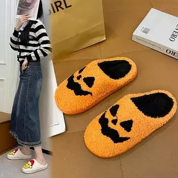 Меховые тапочки на плоской подошве ко Дню всех святых, женские, клубничные, рождественские, меховые тапочки с обтянутым носком, женские шлепанцы, тапочки 36