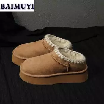 Меховые тапочки на плоской подошве, женские зимние ботинки на платформе, брендовые дизайнерские хлопковые туфли, женские мюли 2025 года, зимние замшевые теплые плюшевые шлепанцы 35 хаки