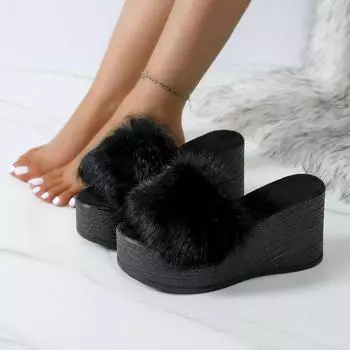 Меховые тапочки на толстой платформе, женские летние меховые тапочки с толстой подошвой, женские плюшевые дизайнерские туфли, шлепанцы, женские сандалии, шлепанцы 35 чёрный