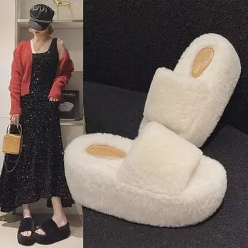 Меховые тапочки на толстой подошве 8 см для женской верхней одежды — новинка 2024 года, теплые хлопковые тапочки на осень/зиму 35 грязно-белый