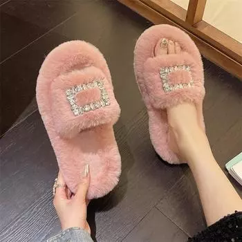 Меховые тапочки, роскошные женские туфли с бриллиантовой пряжкой, зимние новые домашние меховые тапочки для женщин с открытым носком, теплые плюшевые тапочки для дома 35