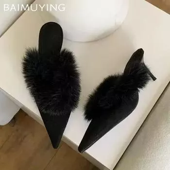 Меховые тапочки с острым носком, элегантные туфли на высоком каблуке, женские туфли-мюли, тренд 2025 года, зимние короткие плюшевые модные туфли-лодочки Zapatillas De Mujer 34 бежевый