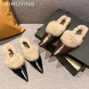 Меховые тапочки с острым носком женские мюли туфли на плоской подошве женские 2025 тренд зимние элегантные модные теплые платья вечерние Zapatillas De Mujer 35 чёрный