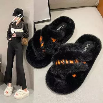 Меховые тапочки с толстым дном, женские, с перекрестными ремешками, модные, для дома, с круглым носком, шлепанцы, тапочки, женская обувь на платформе 35