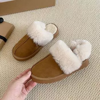 Меховые тапочки женские наружные зимние сапоги для низких температур на толстой подошве из замши Baotou Cotton Slippers 35 абрикосовый