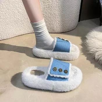 Меховые тапочки женские зимние 2024 новые корейские модные женские тапочки на толстой подошве повседневные универсальные тапочки для ношения на открытом воздухе 35 светло-синий