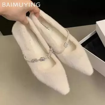 Меховые туфли на плоской подошве с острым носком, теплые элегантные мокасины, женская обувь 2025 года, тренд зимы, мода, повседневные неглубокие балетки 35 бежевый