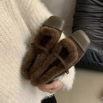 Меховые туфли женские 2024 осень-зима цветные цепные утепляющие модные тонкие туфли туфли Мэри Джейн с пряжкой в одну линию 35 зелёный