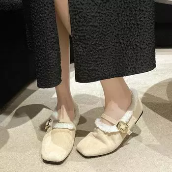 Меховые туфли женские осень-зима новые мягкие хлопковые балетки с мягкой подошвой модные туфли Мэри Джейн плюшевые теплые повседневные женские мокасины 35 коричневый