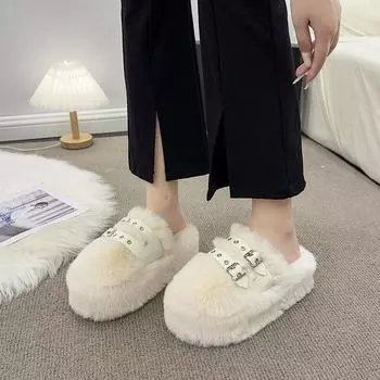 Меховые туфли женские тапочки роскошные шлепанцы женские каблуки на танкетке пантофл платформа плюшевые дизайнерские высокие 2024 Ткань Рим ПУ резина 40 чёрный