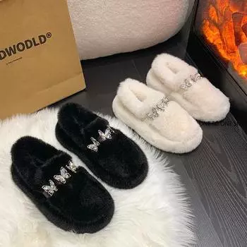 Меховые туфли женские тапочки роскошные шлепанцы женские каблуки на танкетке пантофл платформа плюшевые дизайнерские высокие 2024 ткань Рим ПУ резина 35 белый