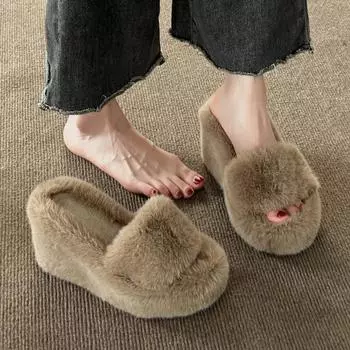 Меховые замшевые женские тапочки на танкетке, теплые домашние туфли из плюша и хлопка, брендовые модные шлепанцы с открытой пяткой, трендовые, удобные для ходьбы, Zapatos Mujer 35 хаки