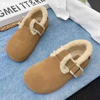 Меховые замшевые женские зимние сапоги на плоской подошве, короткие плюшевые повседневные хлопковые туфли с пряжкой, тренд 2025 года, теплые, удобные, зимние, новые женские ботинки 35