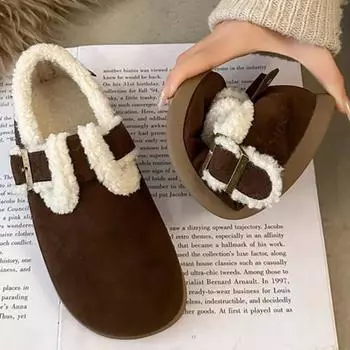 Меховые замшевые женские зимние сапоги на плоской подошве, короткие плюшевые повседневные хлопковые туфли с пряжкой, тренд 2025 года, теплые, удобные, зимние, новые женские ботинки 35 кофейный