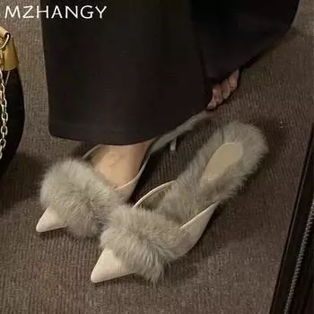 Меховые заостренные носки женские тапочки на высоком каблуке сексуальная роскошная обувь женская 2024 тренд зимние элегантные шлепанцы новые туфли-лодочки женские шлепанцы 34 чёрный