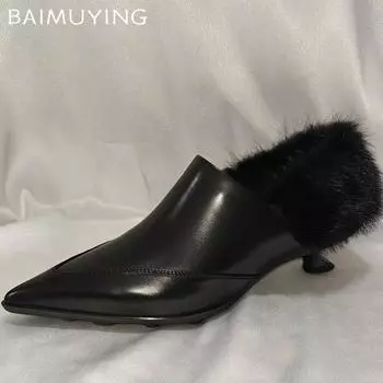 Меховые заостренные носки женские туфли на низком каблуке-шпильке неглубокие модные кожаные туфли женские 2025 тренд зимние новые прогулочные женские туфли Zapatos 34 чёрный