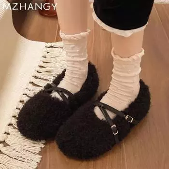 Меховые женские балетки балетки туфли на плоской подошве повседневные туфли Мэри Джейн женские 2024 трендовые зимние сапоги уютные теплые Mujer De Zapatos 35 чёрный