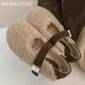 Меховые женские балетки на плоской подошве, модные зимние сапоги для женщин 2025 года, зимние дизайнерские новые повседневные удобные теплые туфли Мэри Джейн 35 бежевый