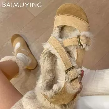 Меховые женские балетки на плоской подошве замшевые дизайнерские повседневные лоферы женская обувь 2025 года тренд элегантное платье Мэри Джейн Zapatillas De Mujer 35 абрикосовый