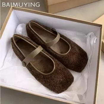 Меховые женские балетки с плоским квадратным носком, туфли Мэри Джейн из хлопка, женские 2025 года, трендовые зимние теплые элегантные туфли-лоферы 35 хаки