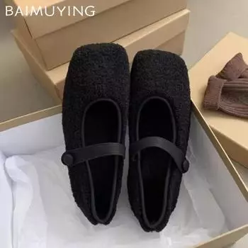 Меховые женские балетки с плоским квадратным носком, туфли Мэри Джейн из хлопка, женские 2025 года, трендовые зимние теплые элегантные туфли-лоферы 35 чёрный