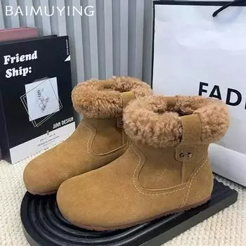 Меховые женские ботильоны на плоской подошве из замши, короткие, плюшевые, дизайнерские, хлопковые, трендовые, теплые, повседневные, для прогулок, зимние, женские ботинки 35