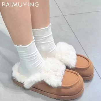 Меховые женские хлопковые тапочки короткие плюшевые замшевые балетки дизайнерская повседневная обувь 2025 года трендовые теплые уютные зимние снежные ботинки женские 35 покинуть белый
