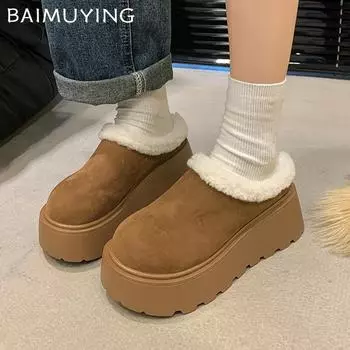 Меховые женские хлопковые тапочки на платформе из замши, короткие, плюшевые, повседневные мюли, туфли на плоской подошве, тренд 2025 года, зимние, теплые, уютные, зимние, Botas De Mujer 35 абрикосовый