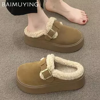Меховые женские хлопковые тапочки на платформе из замши на плоской подошве, модные туфли-мюли, зимние туфли с открытой пяткой, женские туфли 2025 года, тренд, удобные женские туфли 35