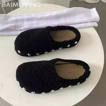 Меховые женские хлопковые тапочки на плоской подошве мюли зимняя мода туфли с открытой пяткой женские 2025 трендовое платье удобные повседневные теплые ботинки женские 35 чёрный