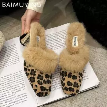 Меховые женские хлопковые тапочки с квадратным носком, короткие, плюшевые, модные туфли на высоком каблуке, мюли, тренд 2025 года, зимние сексуальные туфли-лодочки Femme Chaussures 35 чёрный