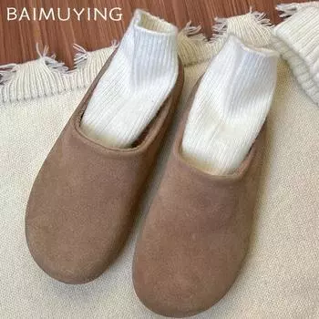 Меховые женские хлопковые тапочки замшевые балетки модные мюли туфли повседневные ботинки с открытой пяткой женские 2025 тренд зимние уютные женские зимние ботинки 35