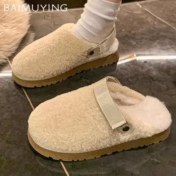Меховые женские хлопковые тапочки зимняя мода балетки мюли обувь повседневная теплая обувь с открытой пяткой женская 2025 трендовый бренд уютные женские ботинки 35 коричневый