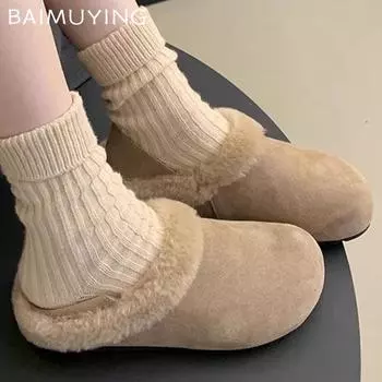 Меховые женские хлопковые тапочки зимняя мода мюли обувь удобные повседневные туфли с открытой пяткой женские 2025 трендовый бренд теплые женские зимние ботинки 35 коричневый