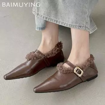 Меховые женские лоферы с острым носком, кожаные элегантные туфли на плоской подошве с пряжкой, тренд 2025 года, дизайнерское платье, зимние женские туфли 35 коричневый