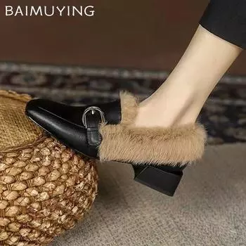 Меховые женские мокасины, кожаные ботинки с квадратным носком и толстым хлопком, женские зимние модные платья 2025 года, элегантные Zapatillas De Mujer 35 чёрный