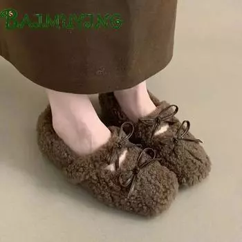 Меховые женские мокасины с квадратным носком и бантом, теплые туфли на плоской подошве, женские модные дизайнерские плюшевые зимние ботинки 2024 года, повседневные зимние туфли на танкетке Zapatos Mujer 35 коричневый