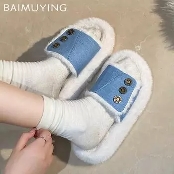 Меховые женские пушистые тапочки на платформе, короткие плюшевые балетки, хлопковая обувь 2025 года, тренд, зимняя повседневная теплая домашняя дизайнерская женская обувь 35 чёрный