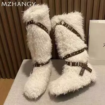 Меховые женские сапоги на плоской подошве, высокие зимние дизайнерские сапоги до колена, женские модные теплые зимние короткие плюшевые мотоциклетные сапоги Mujer 35 бежевый