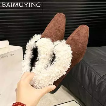 Меховые женские тапочки из хлопка с квадратным носком, замшевые туфли на низком каблуке, туфли-мюли, осенние туфли с открытой пяткой, женская мода 2025 года, трендовая мода Mujer Zapatos 35