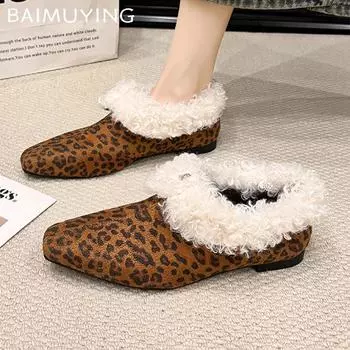 Меховые женские тапочки из хлопка с квадратным носком, замшевые туфли на низком каблуке, туфли-мюли, осенние туфли с открытой пяткой, женская мода 2025 года, трендовая мода Mujer Zapatos 35 леопардовый