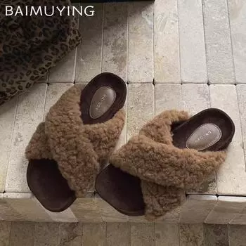Меховые женские тапочки на плоской подошве дизайнерские короткие плюшевые зимние модные новые туфли 2025 года трендовые туфли с открытой пяткой для дома повседневные уютные женские туфли Zapatillas 35 покинуть белый