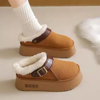 Меховые женские тапочки на плоской подошве на платформе теплые прогулочные туфли 2024 года тренд зимы новые короткие плюшевые хлопковые мюли обувь модные домашние шлепанцы 35 хаки