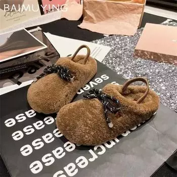 Меховые женские тапочки на плоской подошве с бантом теплые хлопковые туфли женские 2024 тренд зима новые повседневные удобные короткие плюшевые зимние туфли-мюли женские 35 бежевый
